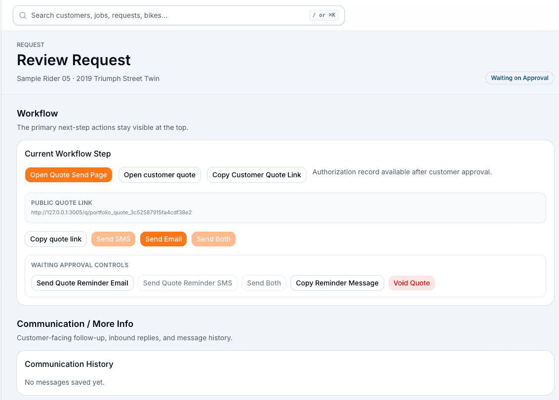 WrenchTime OS review request screen with quote sending controls and communication history.