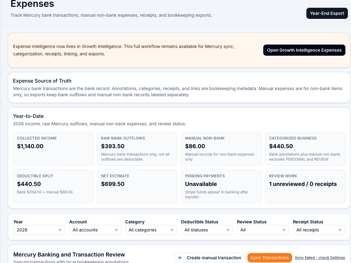 WrenchTime OS expense management page showing year-to-date totals, filters, and transaction review.