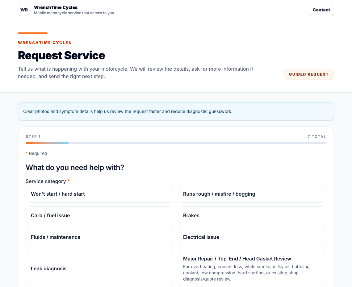 WrenchTime Cycles customer request service form with guided service categories.