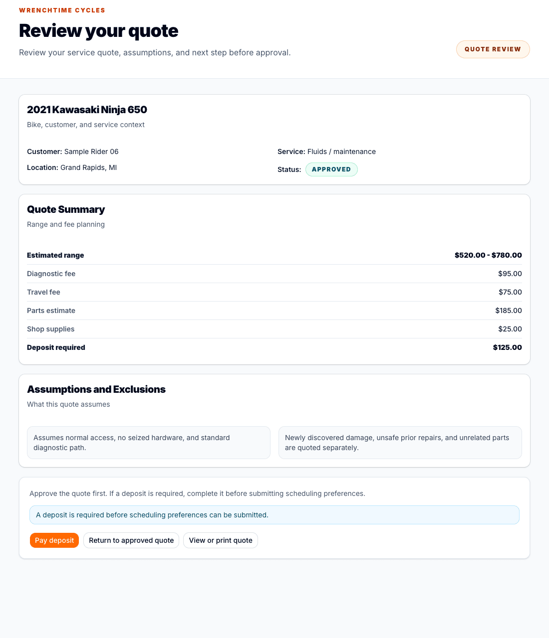 WrenchTime customer quote review page with approved status, fee breakdown, and deposit action.