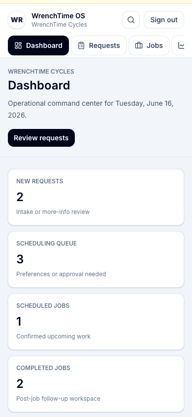 WrenchTime OS mobile dashboard showing navigation, review requests button, and queue summary cards.