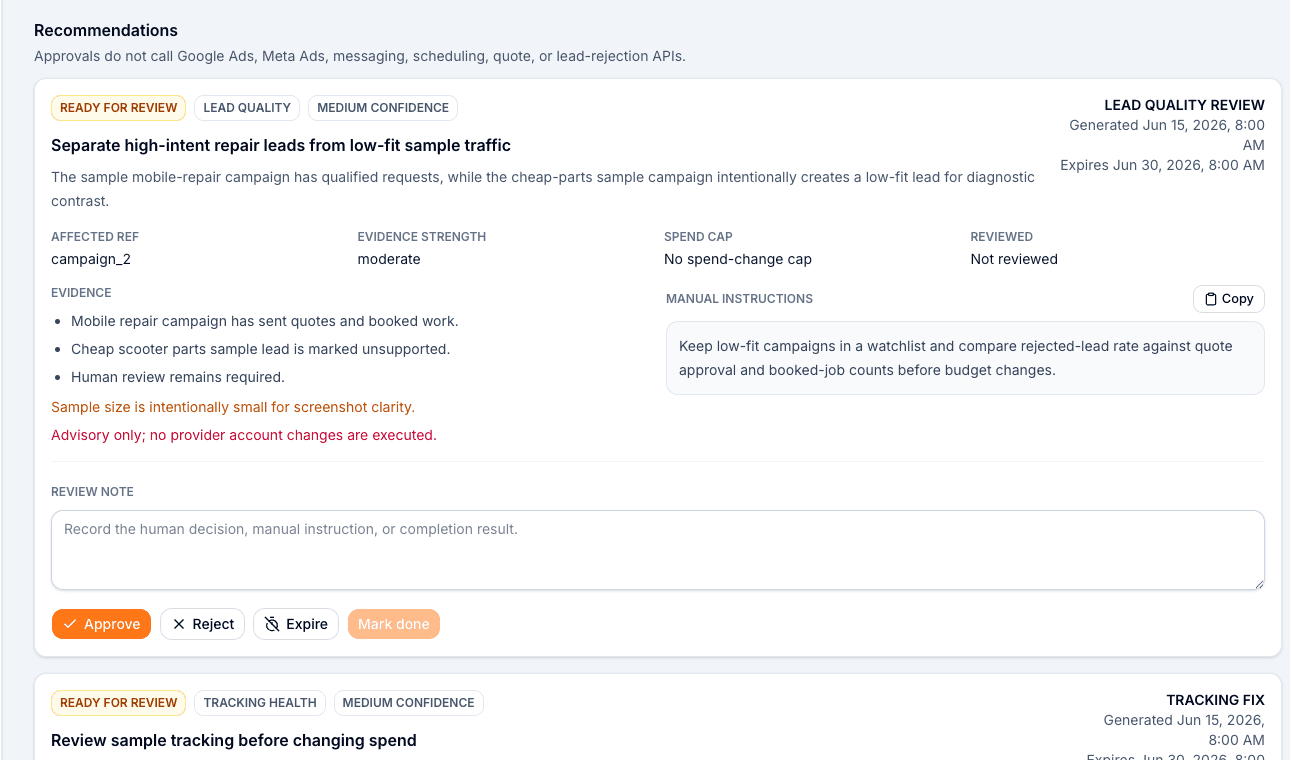 WrenchTime OS AI recommendation review with evidence, instructions, and approval controls.